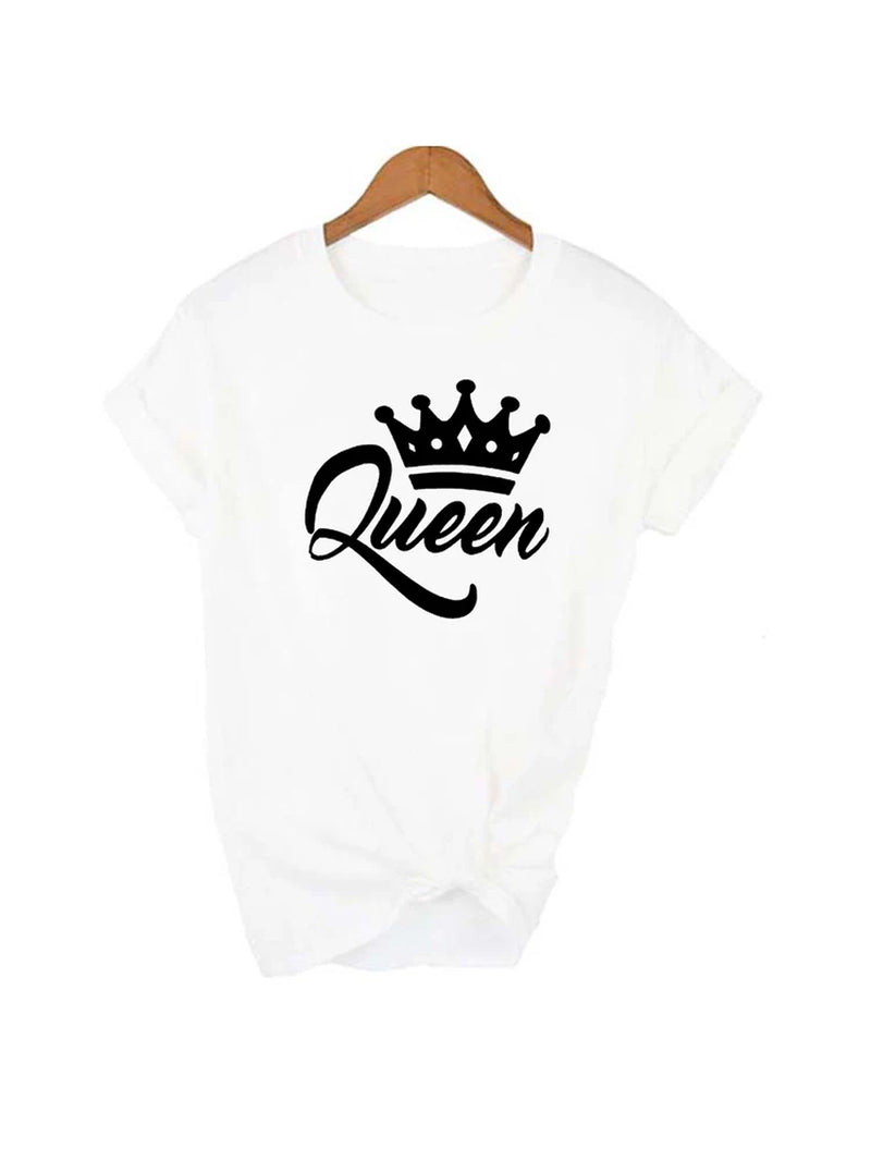 KING QUEEN Letter Crown Printed Black White T Shirts Summer Casual O-Neck Short Sleeve Tees Couple Lovers Tshirt Tops Clothes