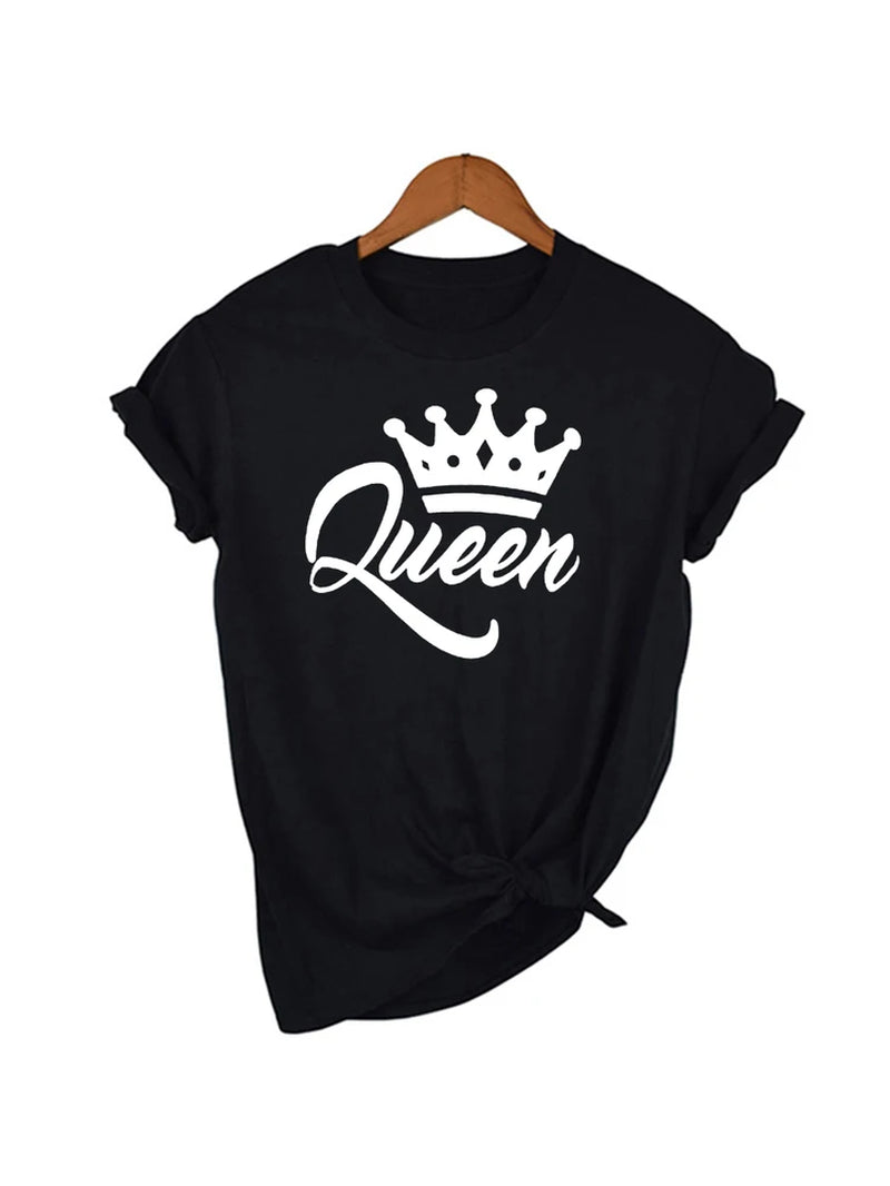 KING QUEEN Letter Crown Printed Black White T Shirts Summer Casual O-Neck Short Sleeve Tees Couple Lovers Tshirt Tops Clothes