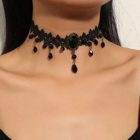 Collar Gótico Vintage Negro Borlas Encaje - Gargantilla Estilo Dark Joyería