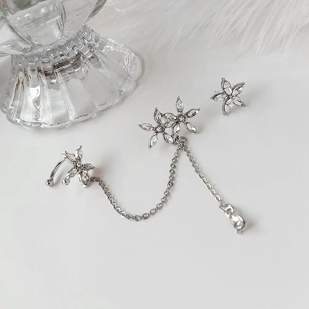 Pendientes Asimétricos Cristales Diamante - Clips Flores Cadena Joyería Moda