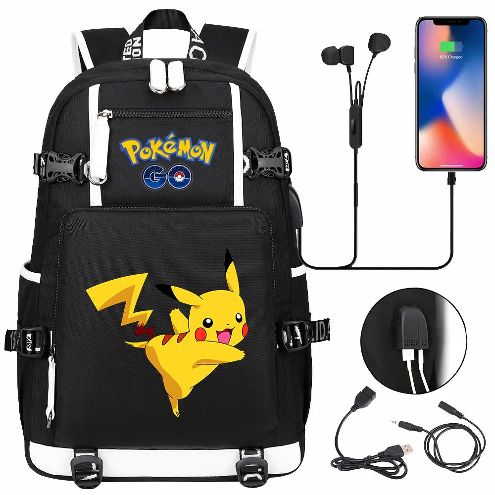 Mochila Pikachu Pokémon USB Impermeable - Morral Escolar Laptop Unisex