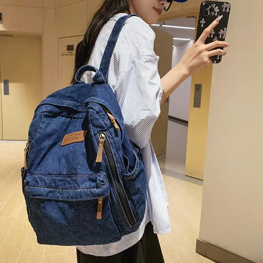 Mochila Mezclilla Estudiantes - Bolso Escolar Grande Múltiples Bolsillos