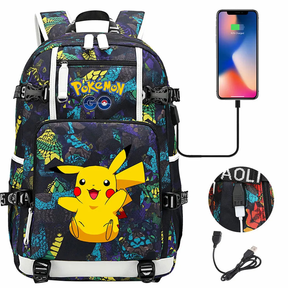 Mochila Pikachu Pokémon USB Impermeable - Morral Escolar Laptop Unisex