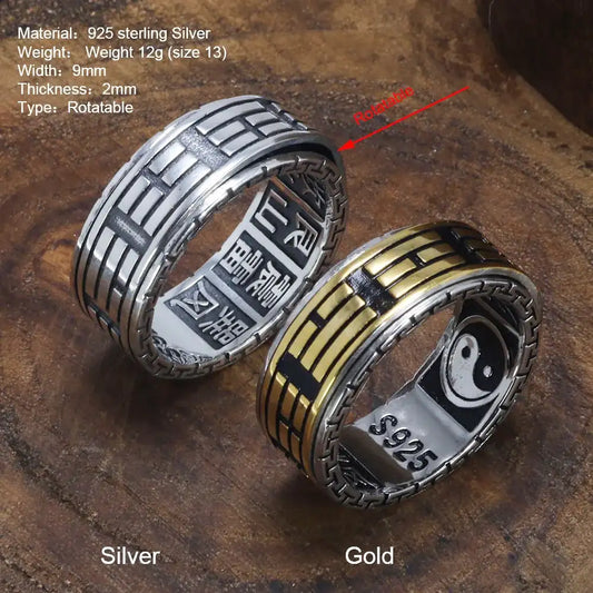 Anillos de plata de ley 925 auténtica para hombre, Spinner giratorio tallado Taiji Bagua Yin Yang con patrón Vintage de gran pared