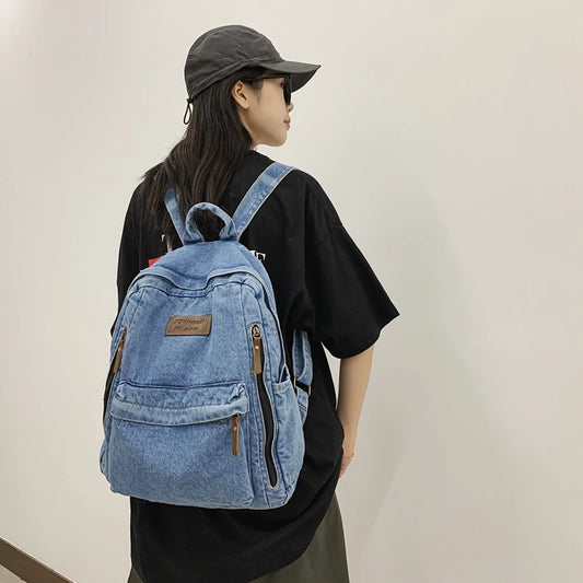 Mochila Mezclilla Estudiantes - Bolso Escolar Grande Múltiples Bolsillos