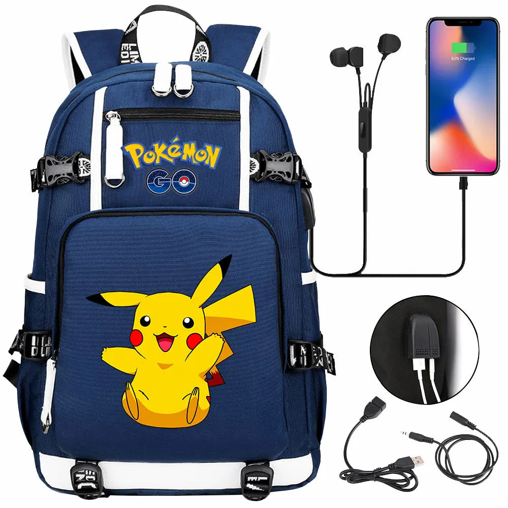 Mochila Pikachu Pokémon USB Impermeable - Morral Escolar Laptop Unisex
