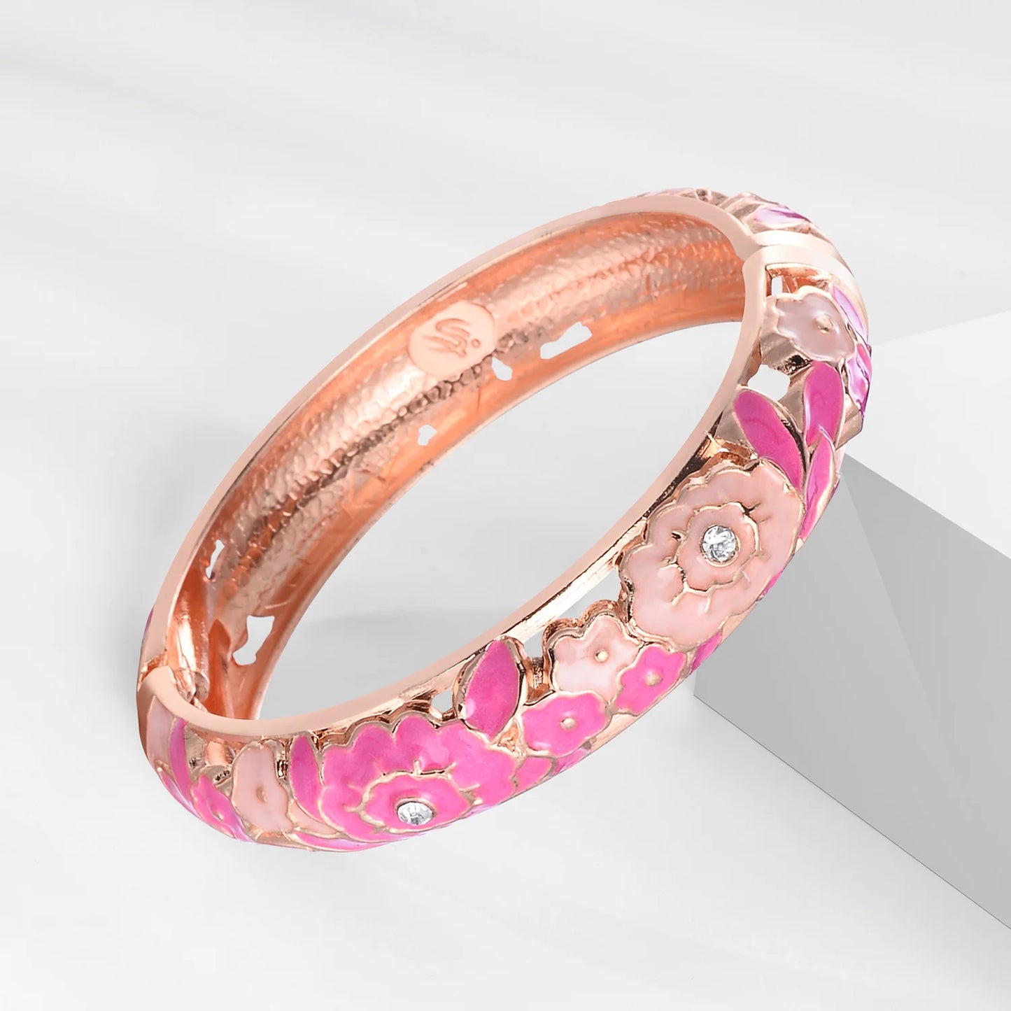 Brazaletes UJOY Flores Rosas Esmaltadas - Pulseras Huecas Regalo Joyería Mujer