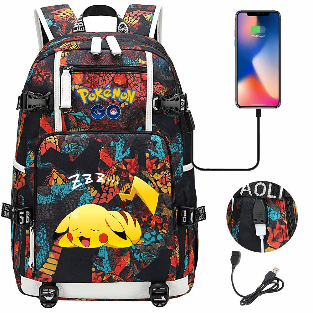 Mochila Pikachu Pokémon USB Impermeable - Morral Escolar Laptop Unisex