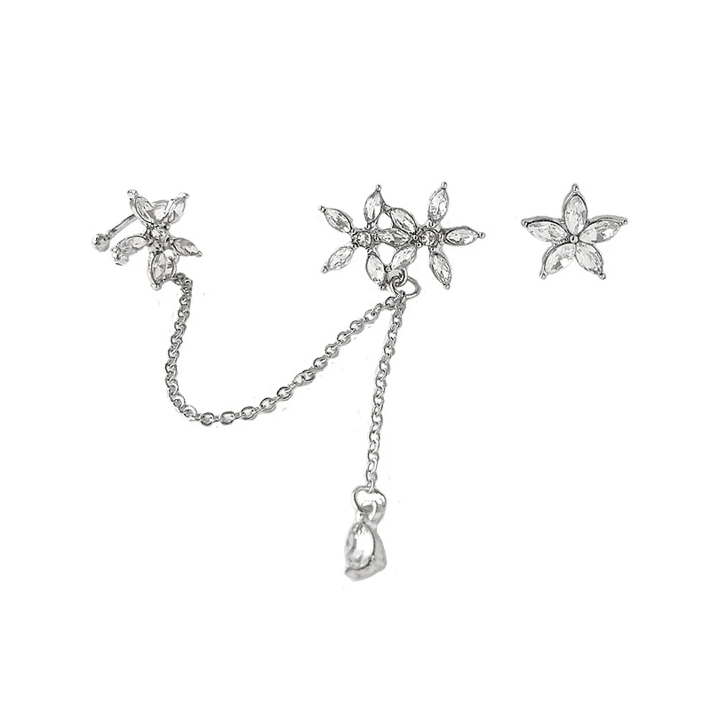 Pendientes Asimétricos Cristales Diamante - Clips Flores Cadena Joyería Moda