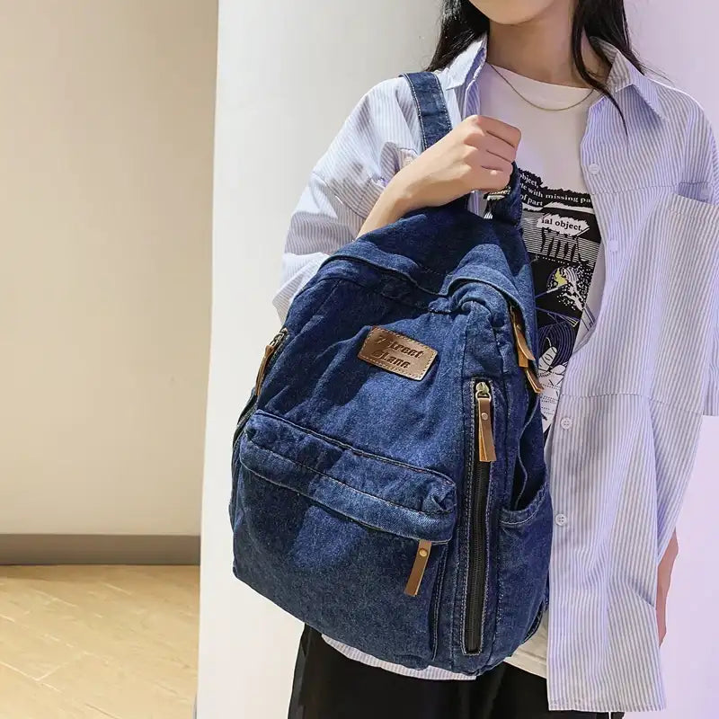 Mochila Mezclilla Estudiantes - Bolso Escolar Grande Múltiples Bolsillos