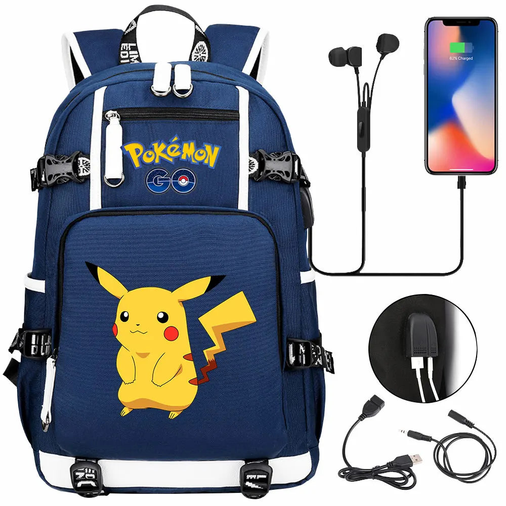 Mochila Pikachu Pokémon USB Impermeable - Morral Escolar Laptop Unisex