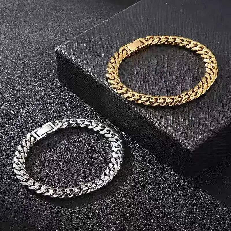 Venta al por mayor, pulsera de cadena cubana de acero inoxidable para hombres de 6/8/10/12/14MM, pulsera de Hip Hop PVD de Miami, joyería para mujeres, envío directo