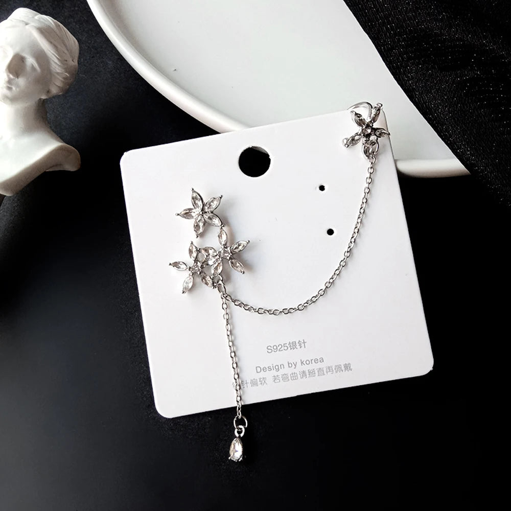 Pendientes Asimétricos Cristales Diamante - Clips Flores Cadena Joyería Moda