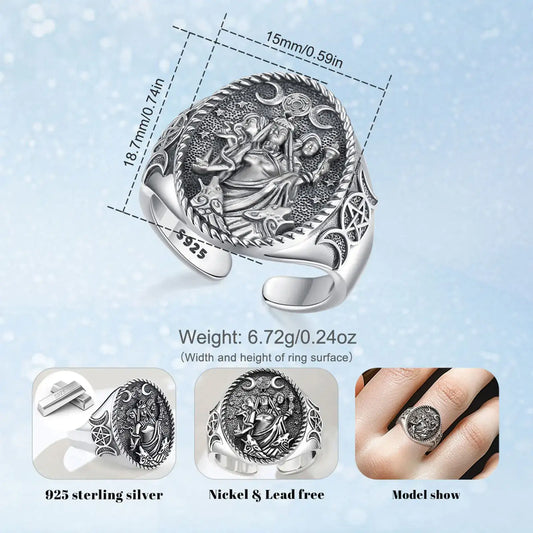 Anillo Ajustable Eudora - Triple Diosa Luna Hecate Plata 925