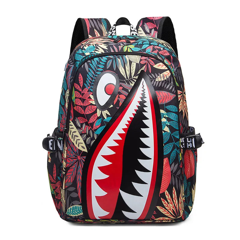 Mochila Escolar Tiburones Blanca y Negra - Diseño Unisex Ligera