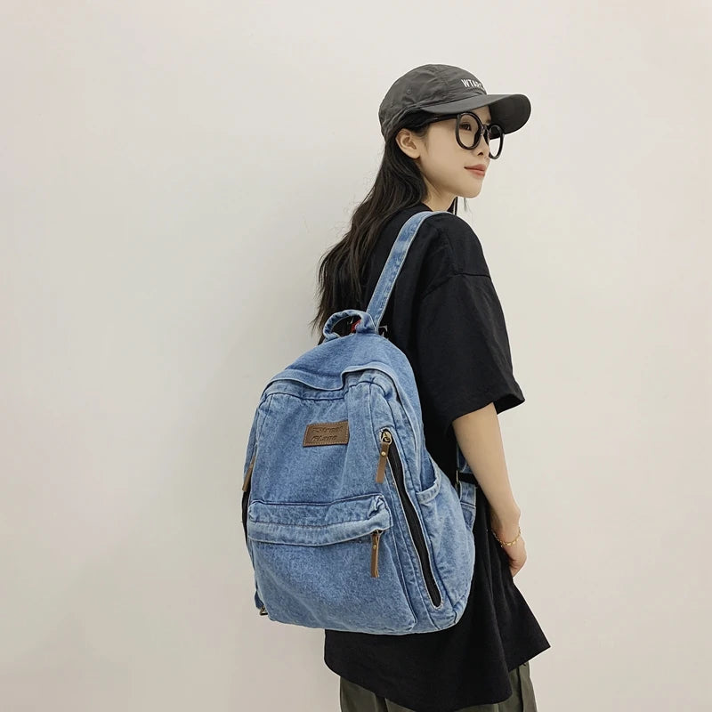 Mochila Mezclilla Estudiantes - Bolso Escolar Grande Múltiples Bolsillos