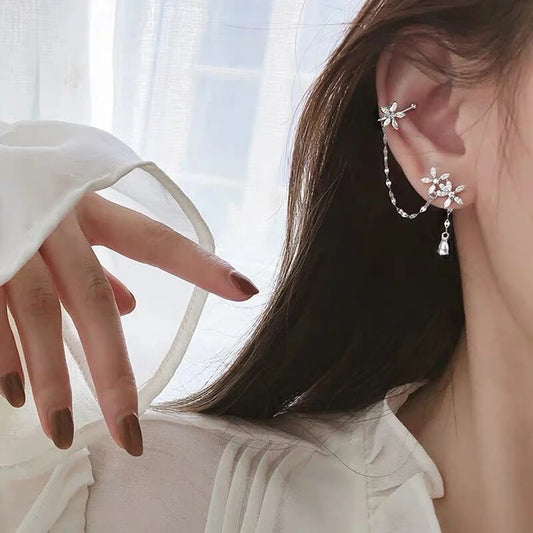 Pendientes Asimétricos Cristales Diamante - Clips Flores Cadena Joyería Moda
