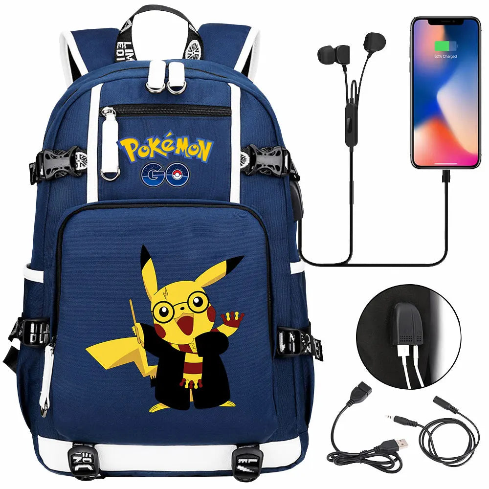 Mochila Pikachu Pokémon USB Impermeable - Morral Escolar Laptop Unisex