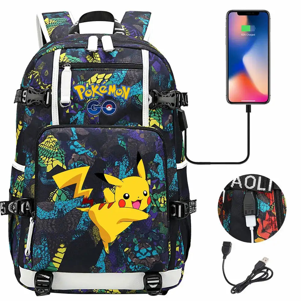 Mochila Pikachu Pokémon USB Impermeable - Morral Escolar Laptop Unisex
