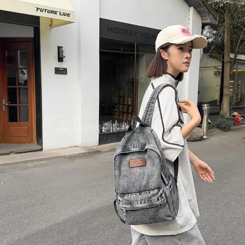 Mochila De tela vaquera para estudiante, morral De gran capacidad con múltiples bolsillos, a la moda, para la escuela,