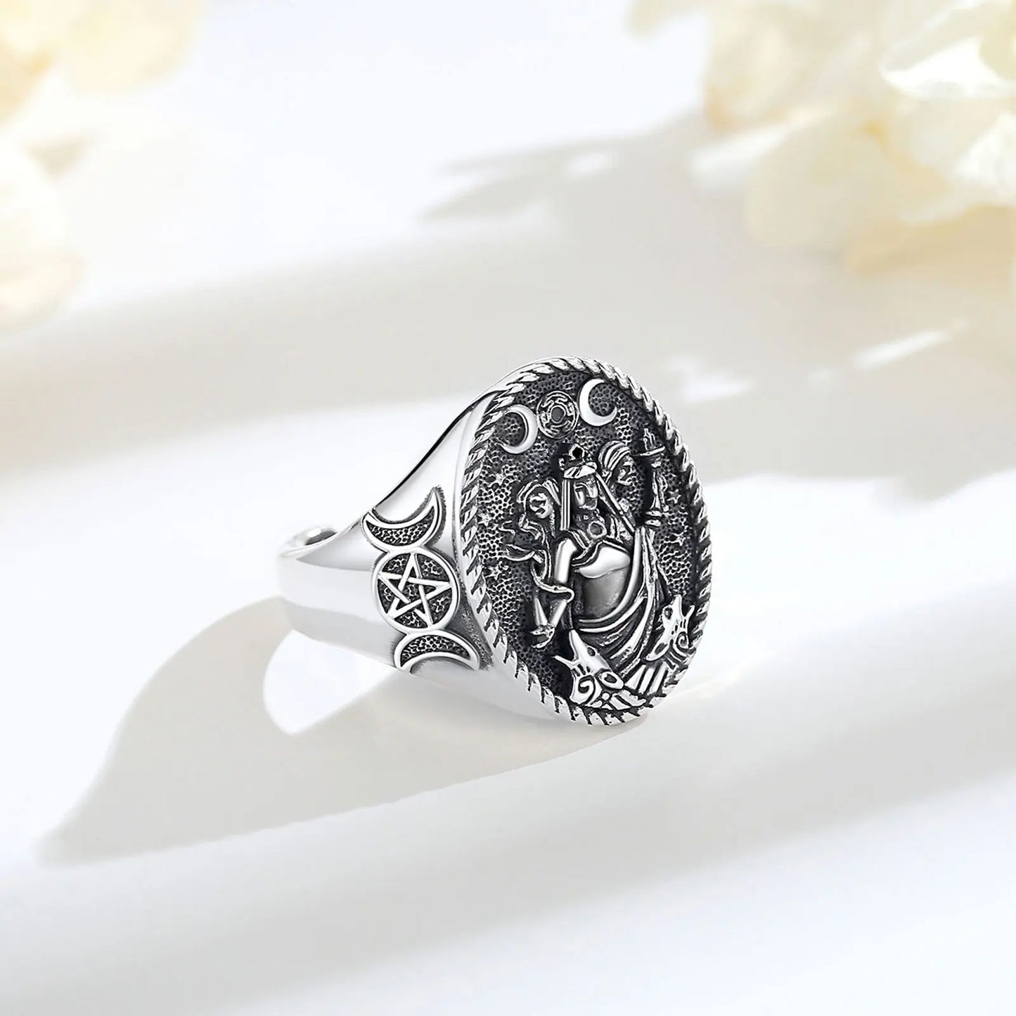 Anillo Ajustable Eudora - Triple Diosa Luna Hecate Plata 925