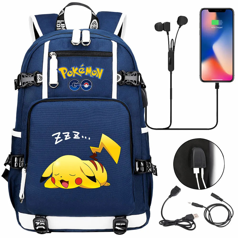 Mochila Pikachu Pokémon USB Impermeable - Morral Escolar Laptop Unisex