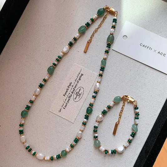 Recién llegado, conjunto de joyería femenina rellena de oro de 14 quilates con perlas naturales de agua dulce y piedra de Jade para mujer, collar, pulsera, regalos