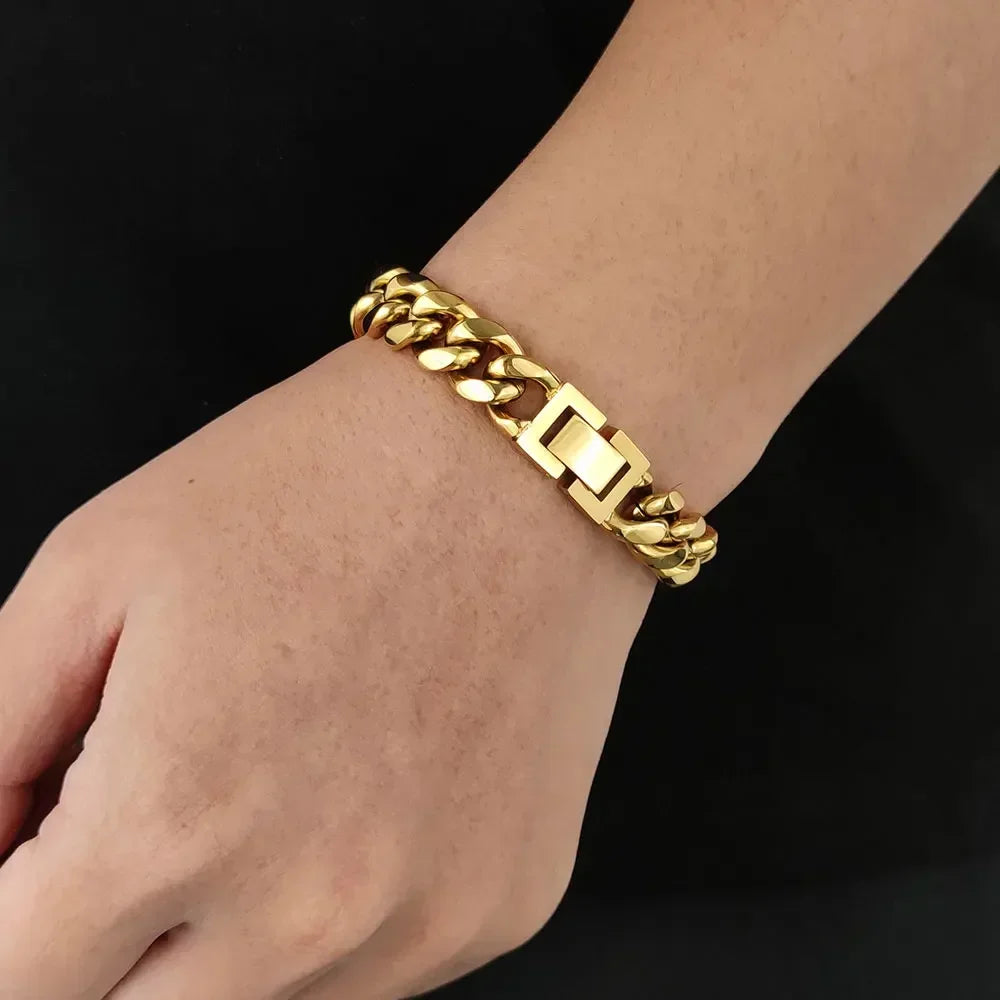 Venta al por mayor, pulsera de cadena cubana de acero inoxidable para hombres de 6/8/10/12/14MM, pulsera de Hip Hop PVD de Miami, joyería para mujeres, envío directo