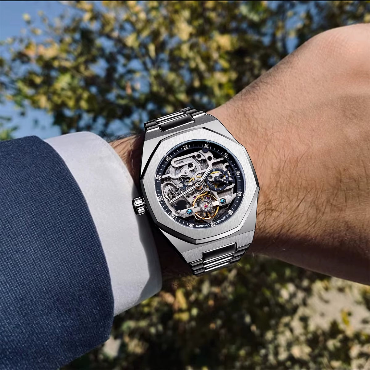 Forsining New Men Automatic Watch 3D Diamond Skeleton Hollow Mens Wristwatches Luminous Gift Watches Tourbillon Montre Homme