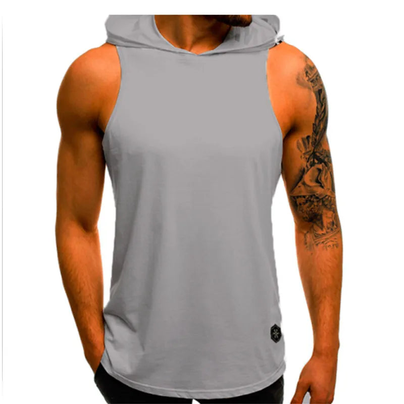 Fashion Summer Mens Sleeveless Hoodie T-Shirts Muscle Sweatshirt Cool Hoody Tops GYM Sport Slim Fitness Hooded Sportswer Tees