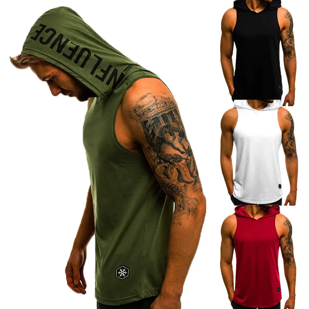 Fashion Summer Mens Sleeveless Hoodie T-Shirts Muscle Sweatshirt Cool Hoody Tops GYM Sport Slim Fitness Hooded Sportswer Tees