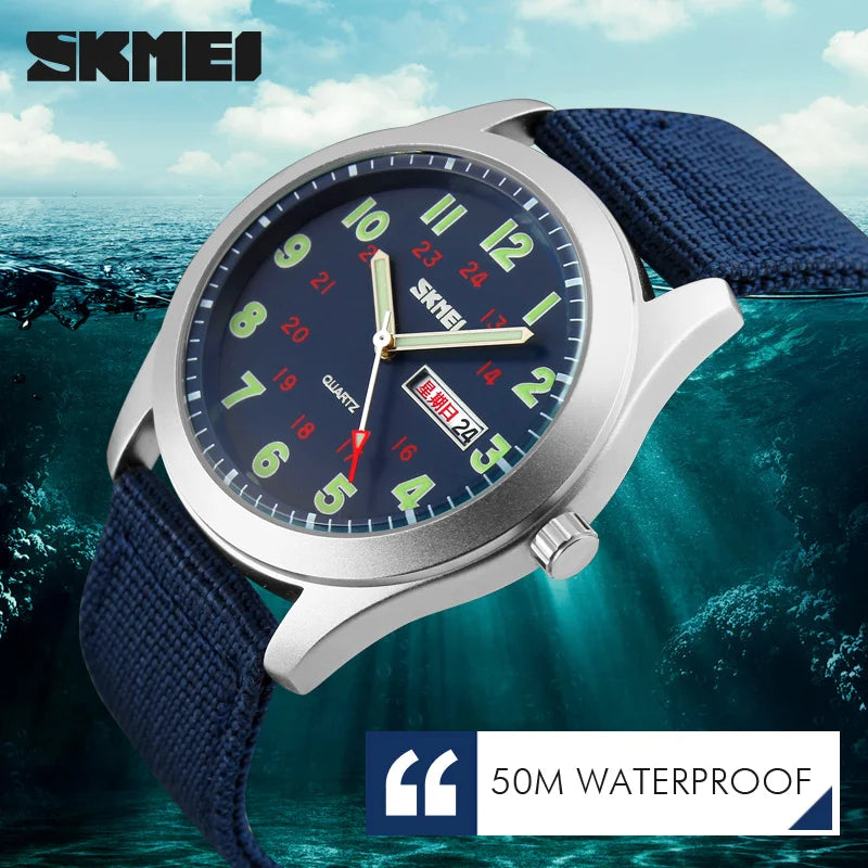Brand Men'S Watches Waterproof Nylon Strap Analog Display Date Week Men Quartz Watch Casual Men Wristwatch